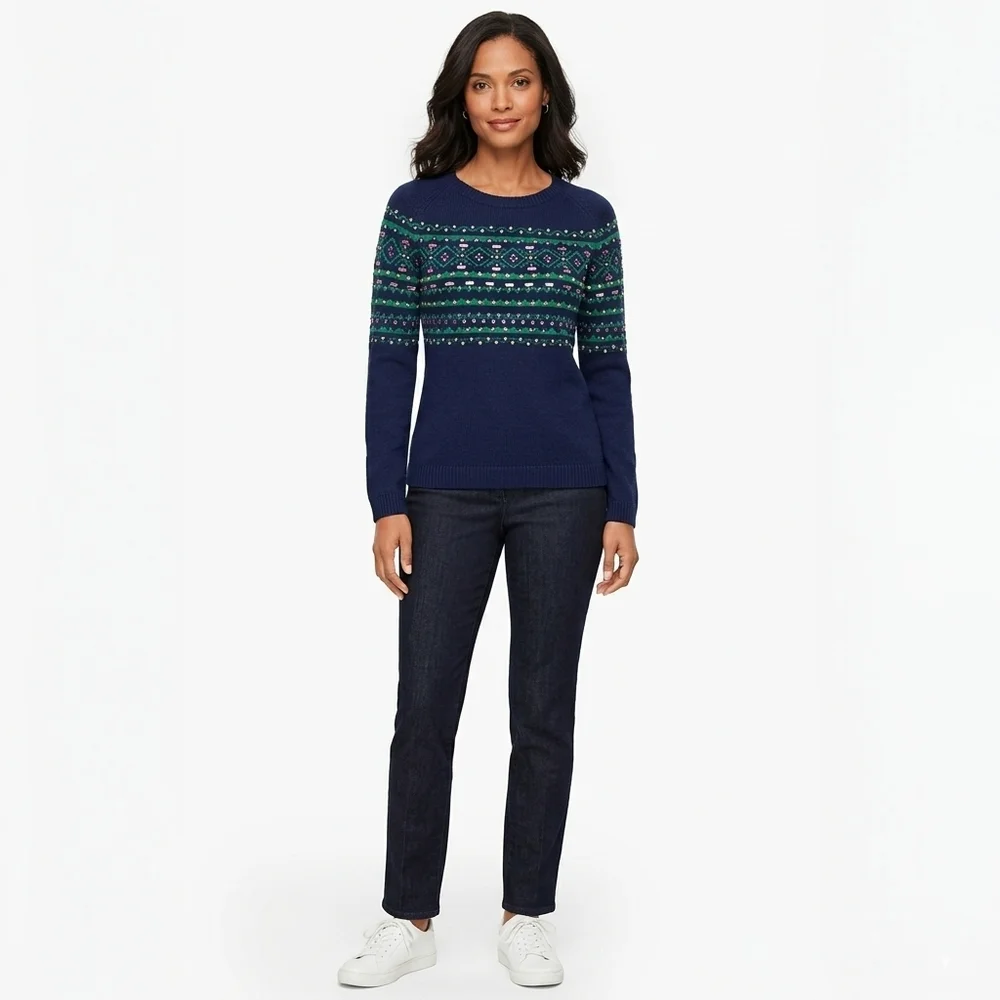 Talbots Size LP Sweater Fair Isle Gemstone Sparkle Navy Pastel Heavy Tight Knit